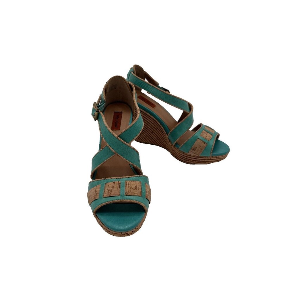 Miz Mooz Kenya‎ Platform Leather Wedge Heel Peep Toe Sandals size 7.5 Cork - Picture 2 of 16